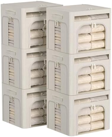 FHSQX 6 Pack Foldable Storage Bins for Clothes Clothes Storage Bins with Metal Frame Stackable Storage Box with Lid (Cream White, 19.7x15.7x13.8 inch (70L)) by FHSQX