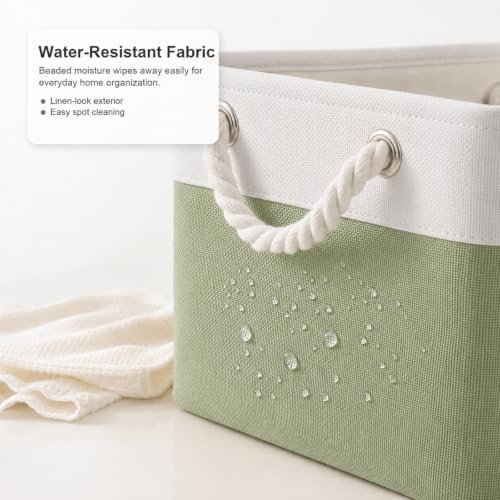 11x11 Inch Cube Storage Bins, 8 Pack Collapsible Fabric Storage Cubes with Rope Handles, Waterproof Foldable Storage Baskets for Cube Shelves, Closet, Clothes, Toys, Books, White & Green - Image 3
