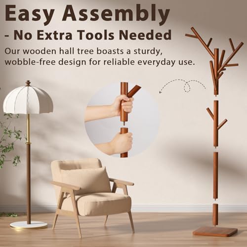 Solid Wood Coat Rack - Freestanding Coat Hat Rack Stand with 14 Hooks, Clothes Rack Heavy Duty Space Saving Entryway Coat Tree Hanger Rack for Coats Jackets Hats Bags, Adjustable Height - Image 6