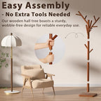 Solid Wood Coat Rack - Freestanding Coat Hat Rack Stand with 14 Hooks, Clothes Rack Heavy Duty Space Saving Entryway Coat Tree Hanger Rack for Coats Jackets Hats Bags, Adjustable Height - Image 6