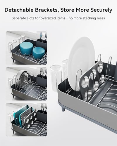 SUNLY Expandable Dish Drying Rack, Versatile Brackets for Pots & Pans, Space Saving Kitchen Drying Rack, Dish Racks for Kitchen Counter, Stainless Steel Dish Drainers with Extendable Spout, Gray - Image 3