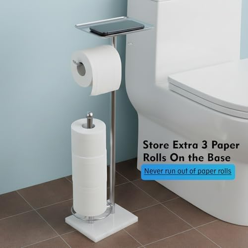 Toilet Paper Holder with Shelf, Free Standing Toilet Paper Holder with Storage - Toilet Paper Stand for Holding Extra 3 Rolls, Tissue Holder for Bathroom (Brushed Nickel with Marble Base) - Image 4