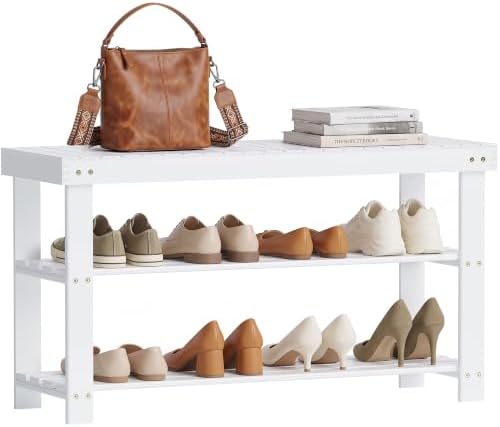 SMIBUY Bamboo Shoe Rack Bench, 3-Tier Shoe Organizer Storage Shelf for Entryway Hallway Bathroom Living Room (White) by SMIBUY