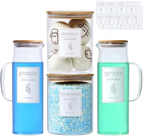 Glass Laundry Detergent Dispenser Set - 2x50oz & 2x70oz Borosilicate Containers with Bamboo Lids, Handle& Labels, Stores Powder,laundry pods,Fabric Softener, for Laundry Room organization and Decor by KitHero