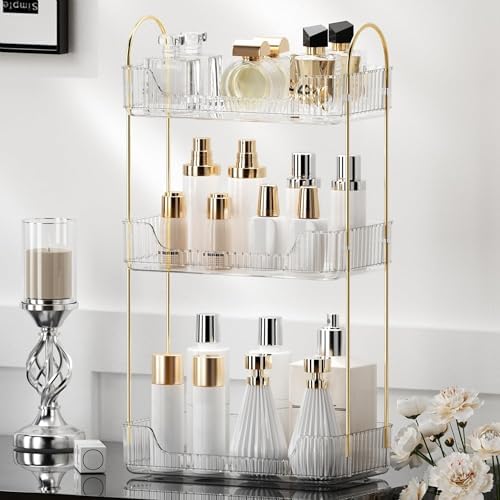 YCIA&DONE Bathroom Organizer Countertop, Makeup Storage, Skincare Cosmetic Tray Shelf, Perfume Holder Rack for Vanity Counter, Large Capacity, Easy to Install, Clean, 3 Tiers, Clear White by YCIADONE