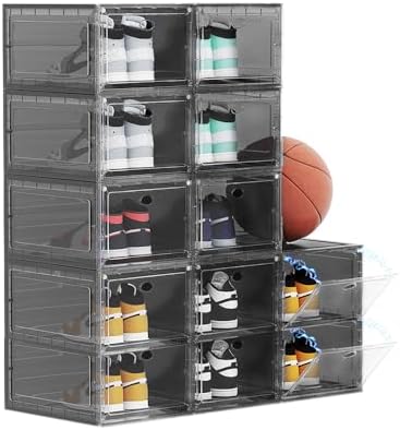 12 PACK Large Shoe Storage Boxes, Shoe Boxes Clear Plastic Stackable, Shoe Organizer for Size 12 (Grey 12 Pack) by OMOPINSHOEBOX