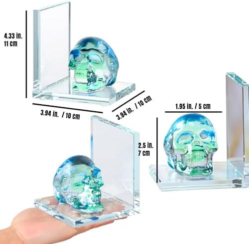 Glass Skull Book Ends for Shelves with Green Crystal Skulls - Image 6