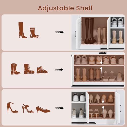 UPOSOJA 60“ Farmhouse Shoe Storage Bench with Deodorizing, Entryway Storage Bench with Cushion Seat, 4 Doors Freestanding Hidden Shoe Rack, Adjustable Shelf, for Bedroom, Living Room (White, 60IN) - Image 5