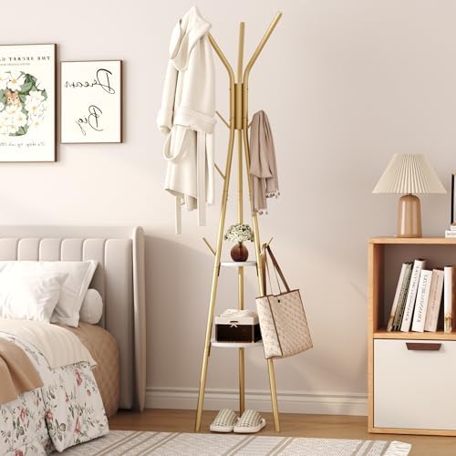 HOMEFORT Coat Rack, Coat Hanger Stand with 2 Shelves, Freestanding Hall Tree, Metal Hat Hanger with 12 Hooks for Clothes Hats and Scarves (Gold) - Image 6