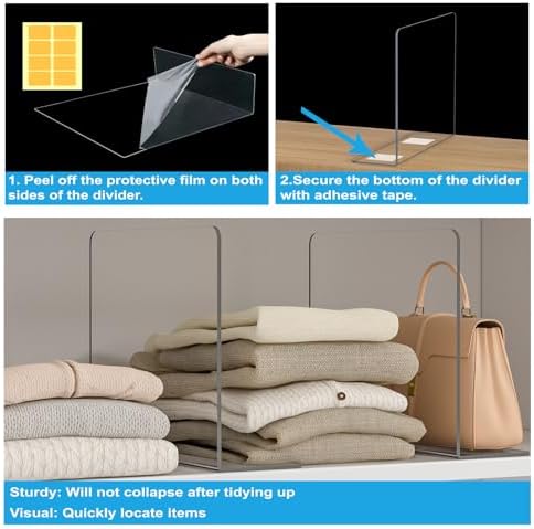 OKPOW Shelf Dividers Closet Organizer - 12" Tall X 11.8" Deep Acrylic Clear Sturdy Separate for Clothes Purse - Adjustable Space Saver Easy Install for Home Organization Enthusiasts 8 Pack - Image 4