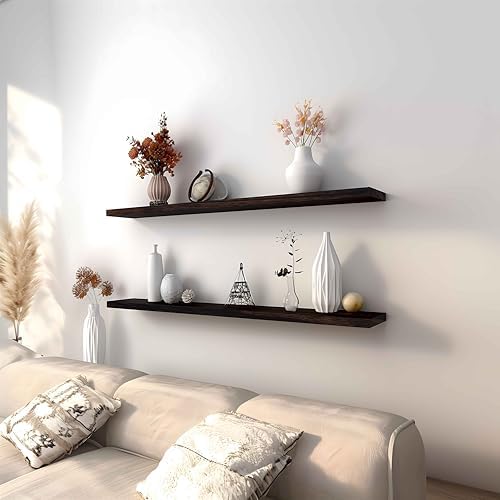 YYWUOJJ Wood Floating Shelves for Wall Decor, Rustic Wall Shelves for Bedroom Bathroom Kitchen Living Room, Set of 4 Walnut 48 Inch - Image 5
