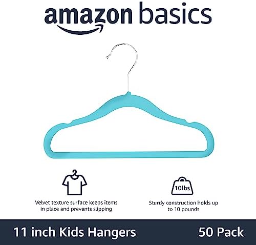 Amazon Basics Kids Velvet, Non-Slip Clothes Hangers for Infant and Toddler, 11.6 inches (for Baby Clothes), 50 Count, Blue (Pack of 4) - Image 2