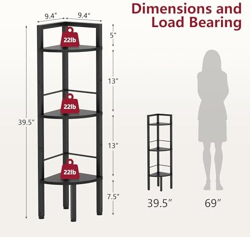 Tajsoon Small Corner Shelf Stand 3 Tier 39.5" with Metal Frame, Black - Image 2