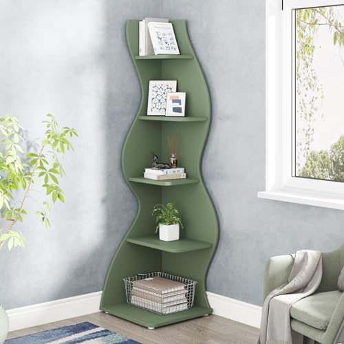 Tribesigns Corner Shelf, Modern 5-Tier Wall Corner Bookshelf, Stylish Corner Small Bookcase Storage Rack Plant Stand with Unique Shape for Living Room, Home Office (Sage Green, 1PC) - Image 2