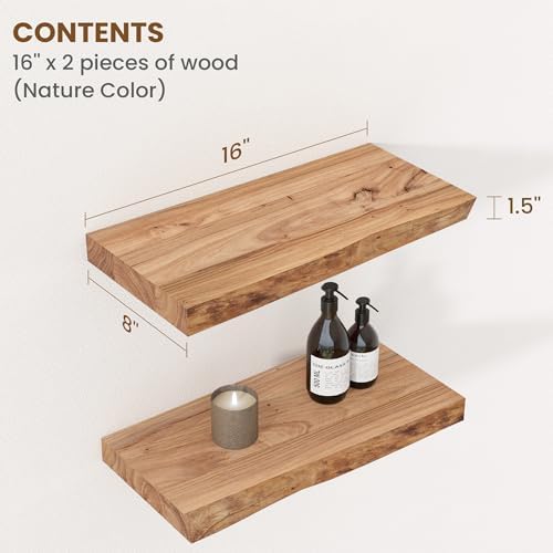 Floating Shelves for Wall Decor, Rustic Solid Elm Wood Live Edge Floating Shelves Wall Mounted, Wall Shelves with Invisible Bracket for Living Room Bathroom Bedroom Kitchen, 16 Inch Set of 2, Natural - Image 2
