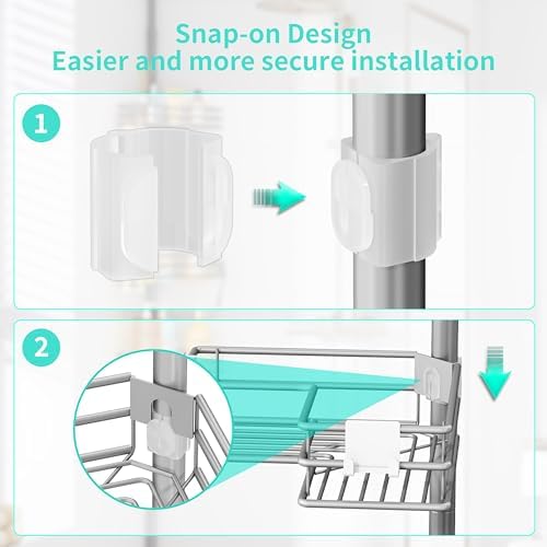 HapiRm Corner Shower Caddy Organizer - Shower Organizer Corner with Soap Holder, Toothbrush Holder and 4 Hooks, Rustproof Bathroom Shelf Tension Pole Available for 27.6 to 108.3 Inch - Silver - Image 3