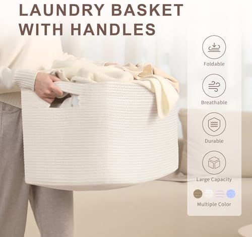 86L Large Woven Laundry Basket Hamper with Handles, White - Image 4