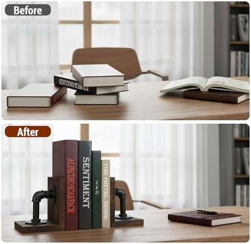 MyGift Burnt Wood Bookends with Metal Industrial Pipe Design, 2 Piece Set - Image 3