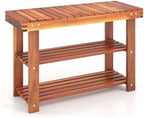 Tangkula Acacia Wood Shoe Rack Bench, 3 Tier Sturdy Storage Organizer, Holds up to 180lbs for Entryway Bedroom Living Room Balcony, Teak Color (27.5-inch) by TANGKULA
