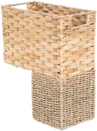 YAHUAN Stair Basket with Handles, Woven Water Hyacinth and Seagrass Stair Baskets for Carpeted Stairs, Natural Woven Wicker Staircase Storage Organizer for Home (Water Hyacinth & Sea grass) by YAHUAN