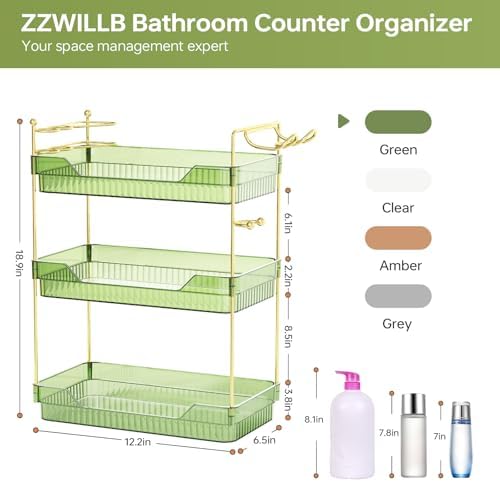 Bathroom Counter Organizer with Hair Dryer Holder and Toothbrush Holder, Acrylic Vanity Tray for Skincare, Perfume, Makeup Storage on Countertop ＆ Dresser (Green, 3-Tier) - Image 2