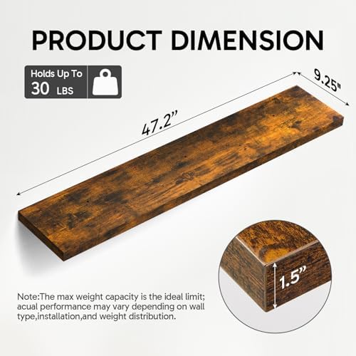 BAYKA Rustic Brown Floating Shelves 47.2in, Set of 2, Wall Mount Wood Shelf - Image 3