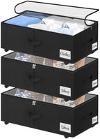Under Bed Storage with Wheels, 3-Pack 10" Height XXL 75L Rolling Storage Bins, Quick Assembly Underbed Shoe Storage Containers with Clear Lid & Label, Dorm Under Bed Drawers for Clothes, Shoes, Black by KUKIKAN