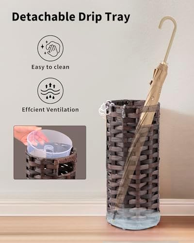 Rattan Umbrella Stand, Umbrella Holder for Entryway, Hand Woven Umbrella Rack Organizer Freestanding, with a Detachable Drip Tray, 4 Hooks, 7.5" L x 7.5" W x 16.5" H, Brown - Image 4