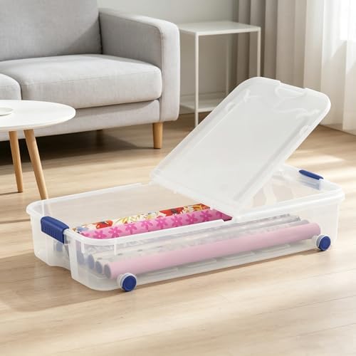 66 Quart Clear Plastic Underbed Storage Bin with Latching Lid and Wheels, Stackable Container, Blue - Image 5