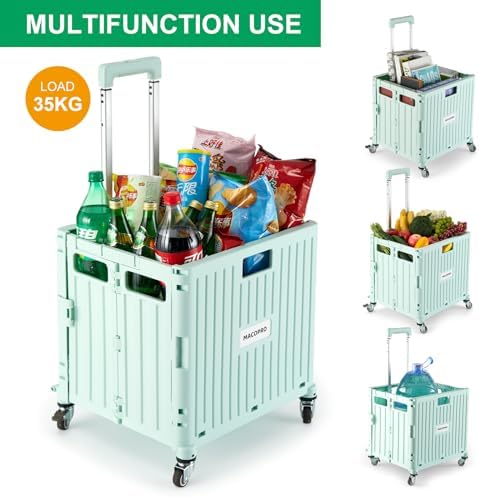 MACOPRO Folding Utility Cart Portable Rolling Crate Handcart Shopping Trolley Collapsible Tool Box, with Lid, Basket on 4 Rotate Wheels, for Grocery, Office, Teacher, Travel Shop Move Luggage (Green) - Image 2