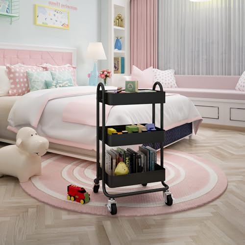 Metal Rolling Cart,3-Tier Metal Rolling Cart with Wheels,3 Tier Utility Cart with Wheels for Office,Home,Kitchen,Garden（13.4"x18.1"x31"） Black - Image 2