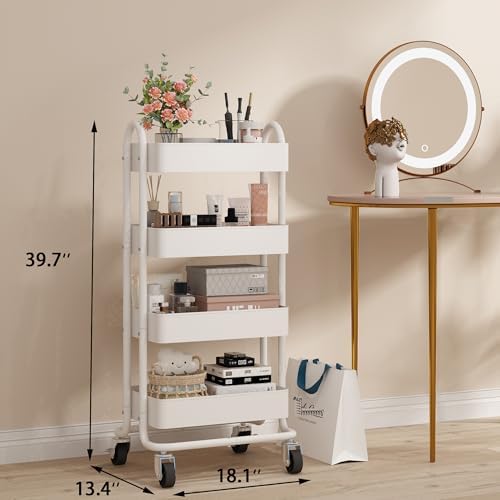 4 Tier Metal Rolling Cart with Wheels,4 Tier Utility Cart with Wheels for Office,Home,Kitchen,Garden（13.4"x18.1"x40"） White - Image 3