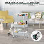EAGMAK 3 Tier Utility Rolling Cart, Metal Storage Cart with Handle and Lockable Wheels, Multifunctional Storage Organizer Trolley with Mesh Baskets for Kitchen, Living Room, Office, Garage (Grey) - Image 5