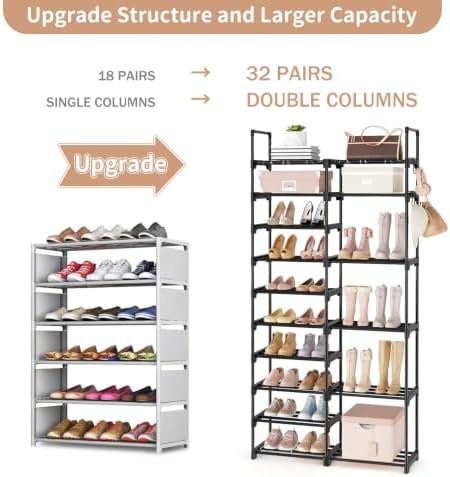 ROJASOP Shoe Rack Organizer, 10-Tier Metal Shoe Rack for Closet Entryway Garage, 32-36 Pairs Tall Shoe Boot Storage Shelf with Hooks, Stackable Large Shoe Stand, Black - Image 5