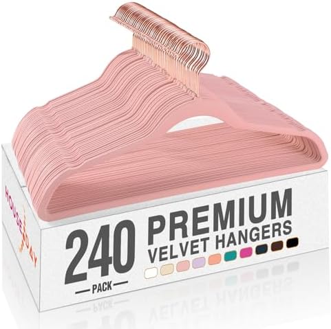 HOUSE DAY Pink Velvet Hangers 240 Pack, Premium Clothes Hangers Non-Slip Felt Hangers, Sturdy Black Hangers Heavy Duty Coat Hangers, Durable Suit Hangers, Space Saving No Hanger Mark Rotating Hook by HOUSEDAY