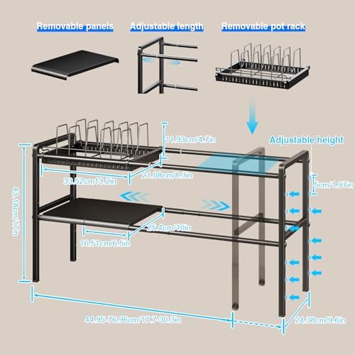 Mustorn Pots and Pans Organizer Under Cabinet, Expandable 2 Tier Under Sink Organizers and Storage Adjustable Height Kitchen Pot and Pan Lid Holder Rack with 6 Dividers(6panels,1 Pot rack, Black) - Image 2