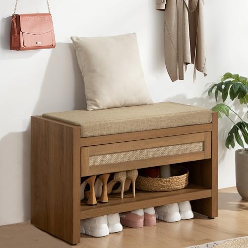 SICOTAS Rattan Shoe Bench Entryway Bench with Storage Drawer, Linen Cushion by SICOTAS