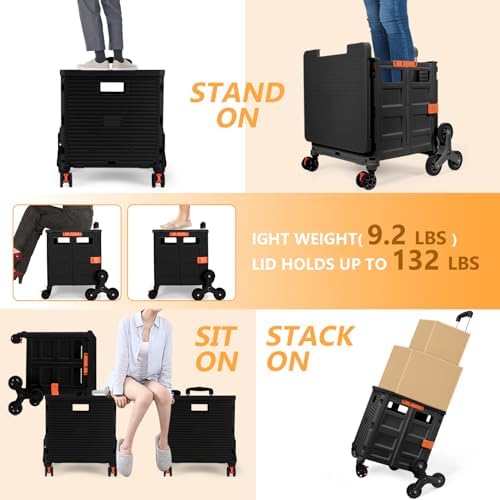 Foldable Utility Cart with Stair Climbing Wheels,Collapsible Rolling Crate with Magnetic Lid Telescopic Cover,Telescoping Handle,360° Rotate Wheel Hand Cart for Teacher Shopping Moving Grocery(Black) - Image 4