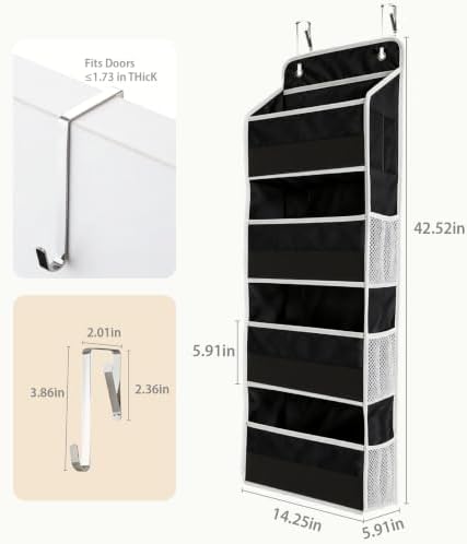 Over the Door Organizer, Door Storage Organizer with Large Capacity Pockets, Hanging Shelves for Bedroom, Closet, Dorm, Pantry (Black, 6-Tier) - Image 2