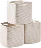 ICERZCZ 11 Inch Cube Storage Bins, Organizer Bins, Woven Cotton Rope Baskets for Storage, Storage Baskets for Organizing Shelves, White Basket for Toys, Off White (Pack of 3) by ICERZCZ