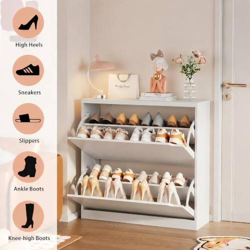 White Hidden Shoe Storage Cabinet for Entryway with 2 Flip Drawers - Image 7