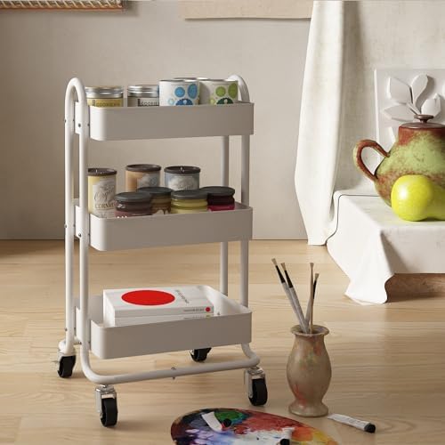 Metal Rolling Cart,3-Tier Metal Rolling Cart with Wheels,3 Tier Utility Cart with Wheels for Office,Home,Kitchen,Garden（13.4"x18.1"x31"） White - Image 2
