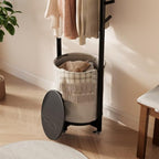 CycleCrew Solid Wood Coat Rack with Fabric Basket - Freestanding Coat Rack Rolling Coat Tree with 9 Hooks Wheels, Small Clothes Rack For Entryway Bedroom Hallway Living Room - Image 4