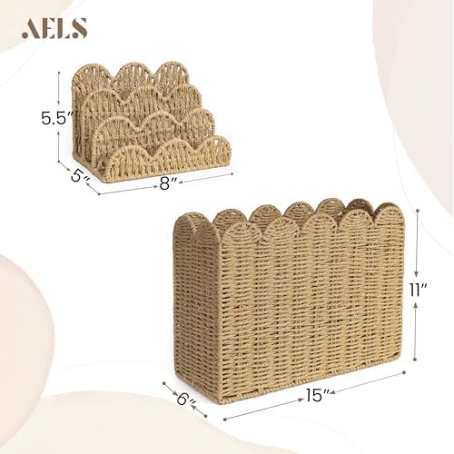 AELS Hand Woven Scalloped Basket Set of Mail Organizer and Magazine Holder, Coastal Style Mail Holder and Floor Magazine Rack, Boho Modern Farmhouse Book Basket Newspaper Bill Mail Sorter for Office - Image 3