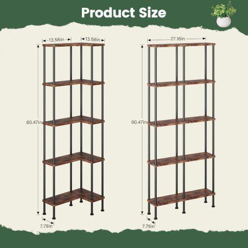 Corner Bookshelf 5-Tier, L-Shaped Bookcase for Small Spaces, Rustic Brown - Image 2