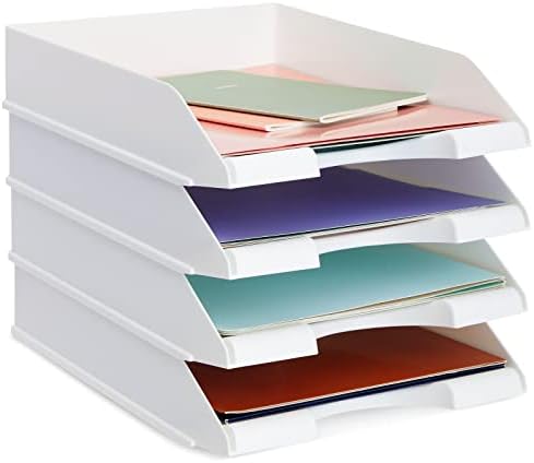 Stockroom Plus Rectangular Letter Trays - Paper Trays for Classroom - Desktop Paper Organizer & File Holder - Document Organizer for Desk Storage - Pack of 4, White, 10 x 13.5 x 2.5 in by StockroomPlus