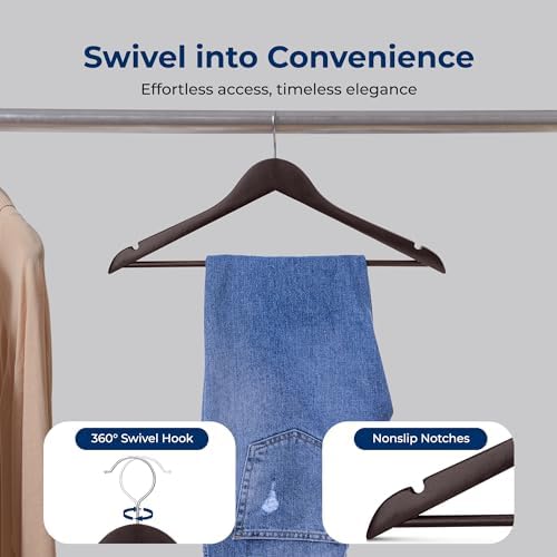 SereneLife Wooden Hangers 50 Pack - Durable & Slim Coat Hanger - Wood Hangers for Coats, Suits, Jackets, Closet & Pants - Suit Hanger with 360-Degree Rotatable Hook and Shoulder Grooves (Brown Color) - Image 5