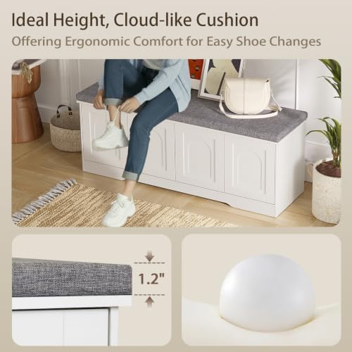 DINZI LVJ Shoe Storage Bench with Cushion, Door, White 47.2" LX17.7 H - Image 3