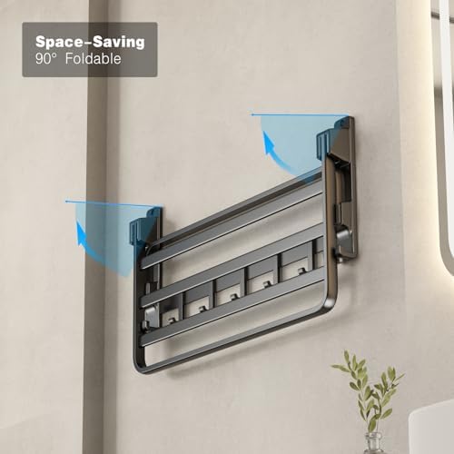 VOLDRA Towel Racks for Bathroom, 24-Inch Towel Shelf with Towel Bar Foldable Towel Holder with 7 Hooks Towel Storage Organizer for Bathroom & Lavatory Wall Mounted(Matte Black) - Image 5