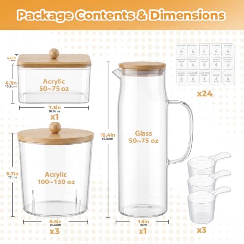Acrylic Laundry Pod Containers and Dryer Sheet Holder & Glass Laundry Detergent Dispenser with Handle, Labels, and Spoons, for Laundry Room Organization and Storage (5 Pack, Wood Brown) - Image 2